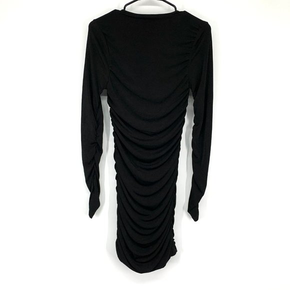 Bardot Dress Demi Black V Neck Ruched Long Sleeve Mini Bodycon - Picture 10 of 12